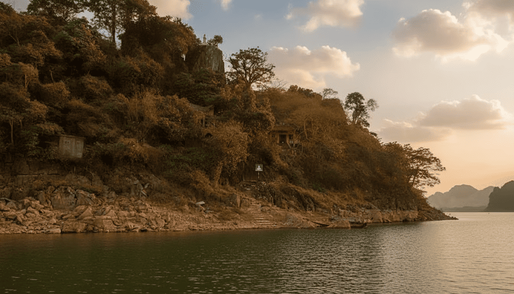 The entrance to Thuy Tien Cave, shaded by vines and ancient stone